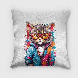 Подушка квадратная Котик в очках - брызги красок, цвет: 3D-принт