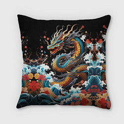 Подушка квадратная Дракон на волнах в японском стиле арт, цвет: 3D-принт