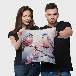 Подушка квадратная Птицы в ветвях сакуры акварель, цвет: 3D-принт — фото 2