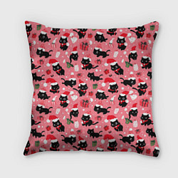 Подушка квадратная Новогодние чёрные котики с подарками, цвет: 3D-принт