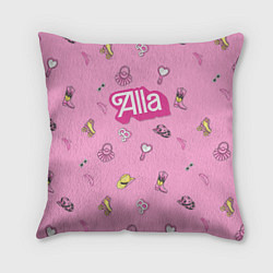 Подушка квадратная Алла - в стиле ретро барби: аксессуары на розовом, цвет: 3D-принт