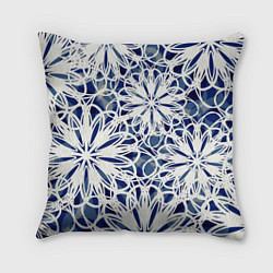 Подушка квадратная Стилизованные цветы абстракция синее-белый, цвет: 3D-принт