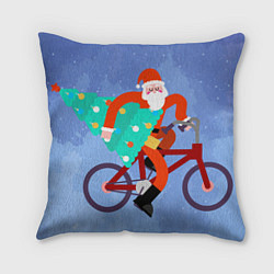 Подушка квадратная Дед Мороз на велосипеде с елкой, цвет: 3D-принт