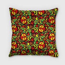 Подушка квадратная Хохломская роспись красные цветы и ягоды, цвет: 3D-принт