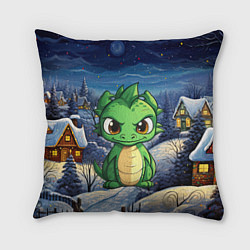 Подушка квадратная Зеленый дракон новогодний город, цвет: 3D-принт