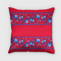 Подушка квадратная Голубая гжель на красном фоне, цвет: 3D-принт