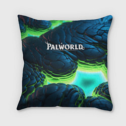 Подушка квадратная Palworld логотип на ярких синих и зеленых неоновых, цвет: 3D-принт