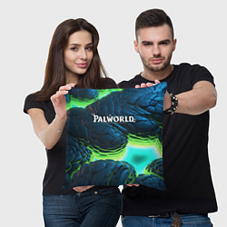 Подушка квадратная Palworld логотип на ярких синих и зеленых неоновых, цвет: 3D-принт — фото 2