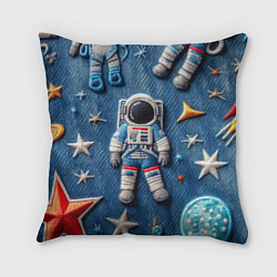 Подушка квадратная Космонавт - вышивка по джинсе нейросеть, цвет: 3D-принт