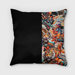 Подушка квадратная Тату ирезуми дракона тигр лис и самурай, цвет: 3D-принт