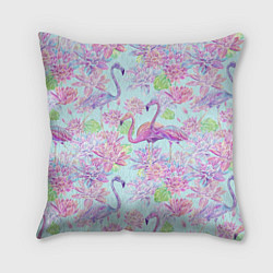 Подушка квадратная Фламинго и кувшинки батик, цвет: 3D-принт