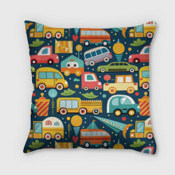 Подушка квадратная Игрушечные машинки на синем фоне, цвет: 3D-принт