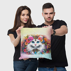 Подушка квадратная Белый кот с голубыми глазами в цветах, цвет: 3D-принт — фото 2