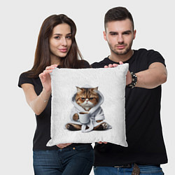 Подушка квадратная Котик в халате и кофе, цвет: 3D-принт — фото 2