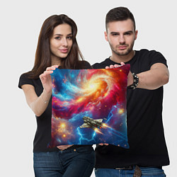 Подушка квадратная Космолёт в неоновом космосе, цвет: 3D-принт — фото 2