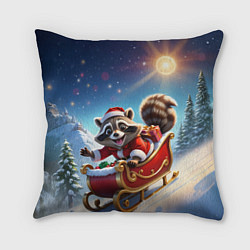 Подушка квадратная Енот на санях, цвет: 3D-принт