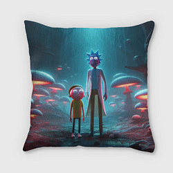 Подушка квадратная Морти и Рик в сказочном неоновом грибном лесу, цвет: 3D-принт