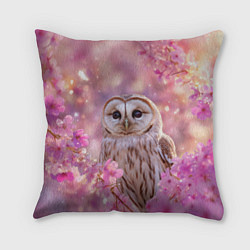 Подушка квадратная Белая сова и розовые цветы, цвет: 3D-принт