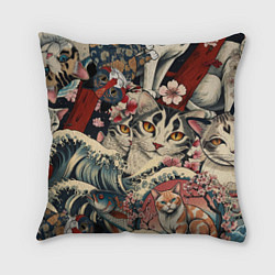 Подушка квадратная Котики и рыбки в сакуре, цвет: 3D-принт