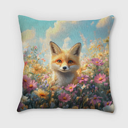 Подушка квадратная Лиса в цветочном поле, цвет: 3D-принт