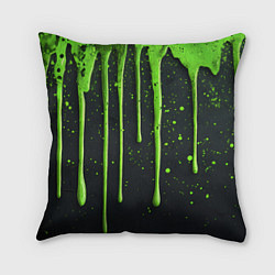 Подушка квадратная Зеленая краска стекающая на черном фоне, цвет: 3D-принт