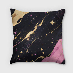 Подушка квадратная Золотые и розовые мазки на черной текстуре, цвет: 3D-принт