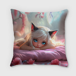 Подушка квадратная Девушка кошечка с голубыми глазами, цвет: 3D-принт