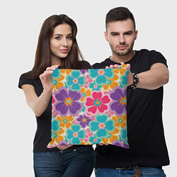 Подушка квадратная Яркий цветочный калейдоскоп - узор в стиле ретро, цвет: 3D-принт — фото 2