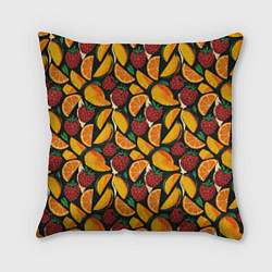 Подушка квадратная Ягоды и фрукты в паттерне: малина манго апельсин, цвет: 3D-принт