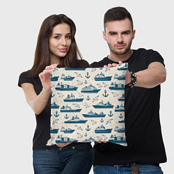 Подушка квадратная Морской паттерн из чаек, якорей и кораблей, цвет: 3D-принт — фото 2