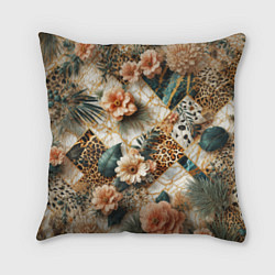 Подушка квадратная Цветы на кусках мрамора и леопардовом узоре