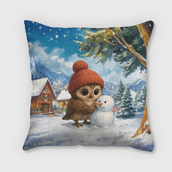 Подушка квадратная Совушка в шапочке лепит снеговика, цвет: 3D-принт