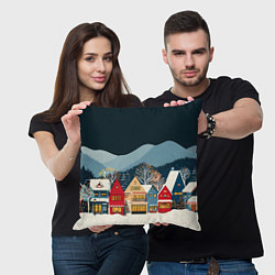 Подушка квадратная Новогодний городок в горах, цвет: 3D-принт — фото 2