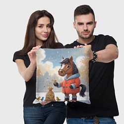 Подушка квадратная Лошадка на зимней прогулке, цвет: 3D-принт — фото 2