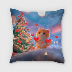 Подушка квадратная Рыжий котенок в сердечках у елочки, цвет: 3D-принт
