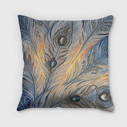 Подушка квадратная Синие перья с самоцветами, цвет: 3D-принт