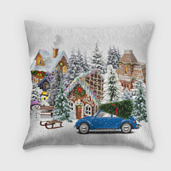 Подушка квадратная Машина стоит рядом с украшенными домами перед Новы, цвет: 3D-принт