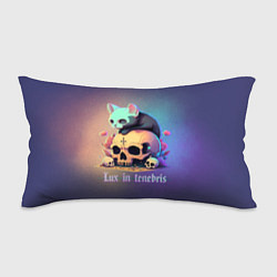 Подушка-антистресс Черный котенок на черепе мрачный неоновый фон, цвет: 3D-принт