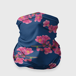 Бандана-труба Веточки айвы с розовыми цветами на синем фоне, цвет: 3D-принт