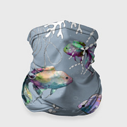 Бандана-труба Разноцветные акварельные рыбки и белые водоросли, цвет: 3D-принт
