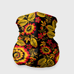 Бандана-труба Хохломская роспись золотистые листья и цветы чёрно, цвет: 3D-принт