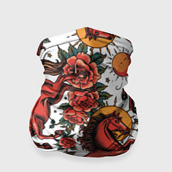 Бандана-труба Красный конь в стиле татуировки, цвет: 3D-принт