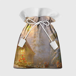 Мешок для подарков Деревенский бревенчатый дом в лесу, украшенный к Н, цвет: 3D-принт