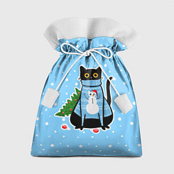 Мешок для подарков Котик в свитере под снегопадом - синий, цвет: 3D-принт