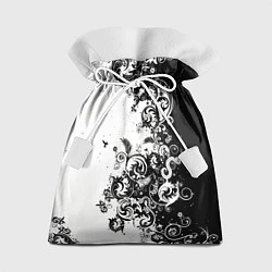 Мешок для подарков Черно-белая птица среди узорчатых цветов, цвет: 3D-принт