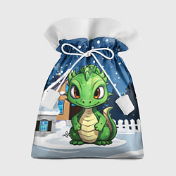 Мешок для подарков Маленький зеленый новогодний дракон на фоне снега, цвет: 3D-принт
