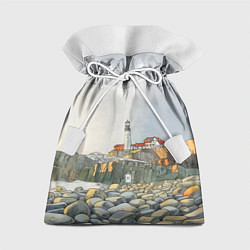 Мешок для подарков Маяк и камни на пляже - акварельный рисунок, цвет: 3D-принт