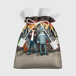 Мешок для подарков Фрай и Бендер на фоне стены с граффити, цвет: 3D-принт