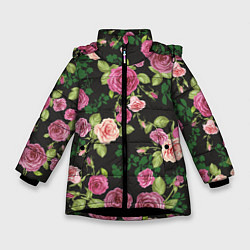 Куртка зимняя для девочки Кусты из роз, цвет: 3D-черный