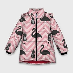 Куртка зимняя для девочки Черный фламинго арт, цвет: 3D-красный